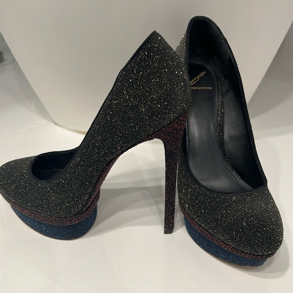 Brian Atwood glitter platform pumps.